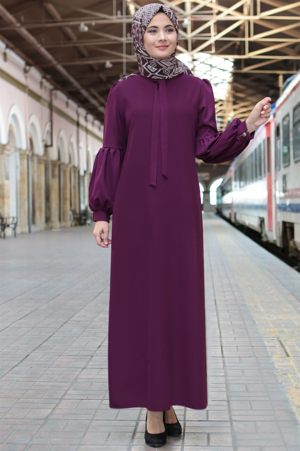 Robe - Crêpe - Sans Doublure - Ras du Cou - Prune - FHM622