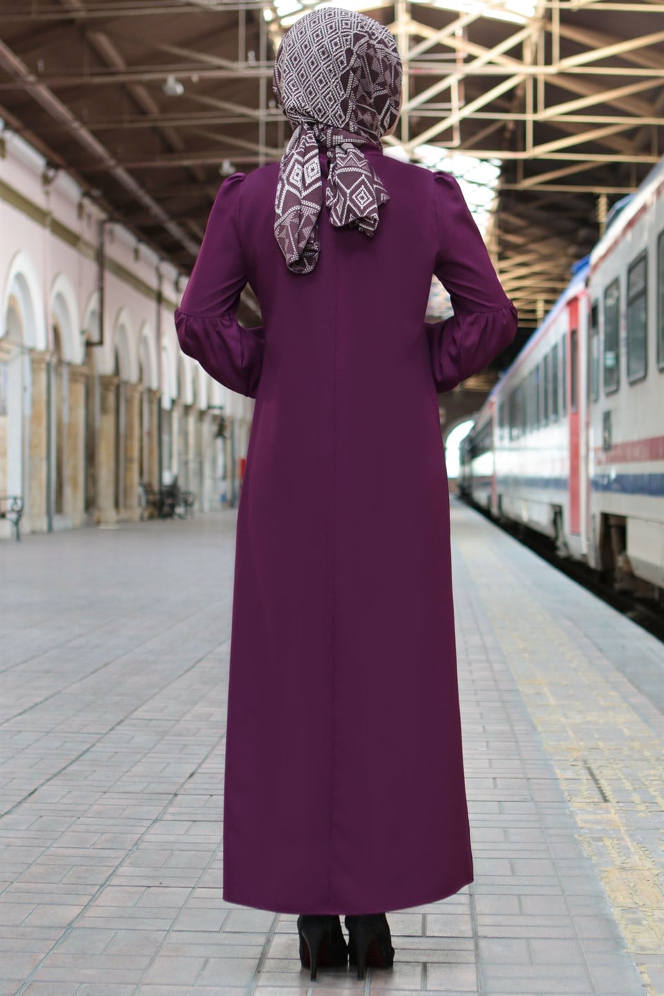 Robe - Crêpe - Sans Doublure - Ras du Cou - Prune - FHM622
