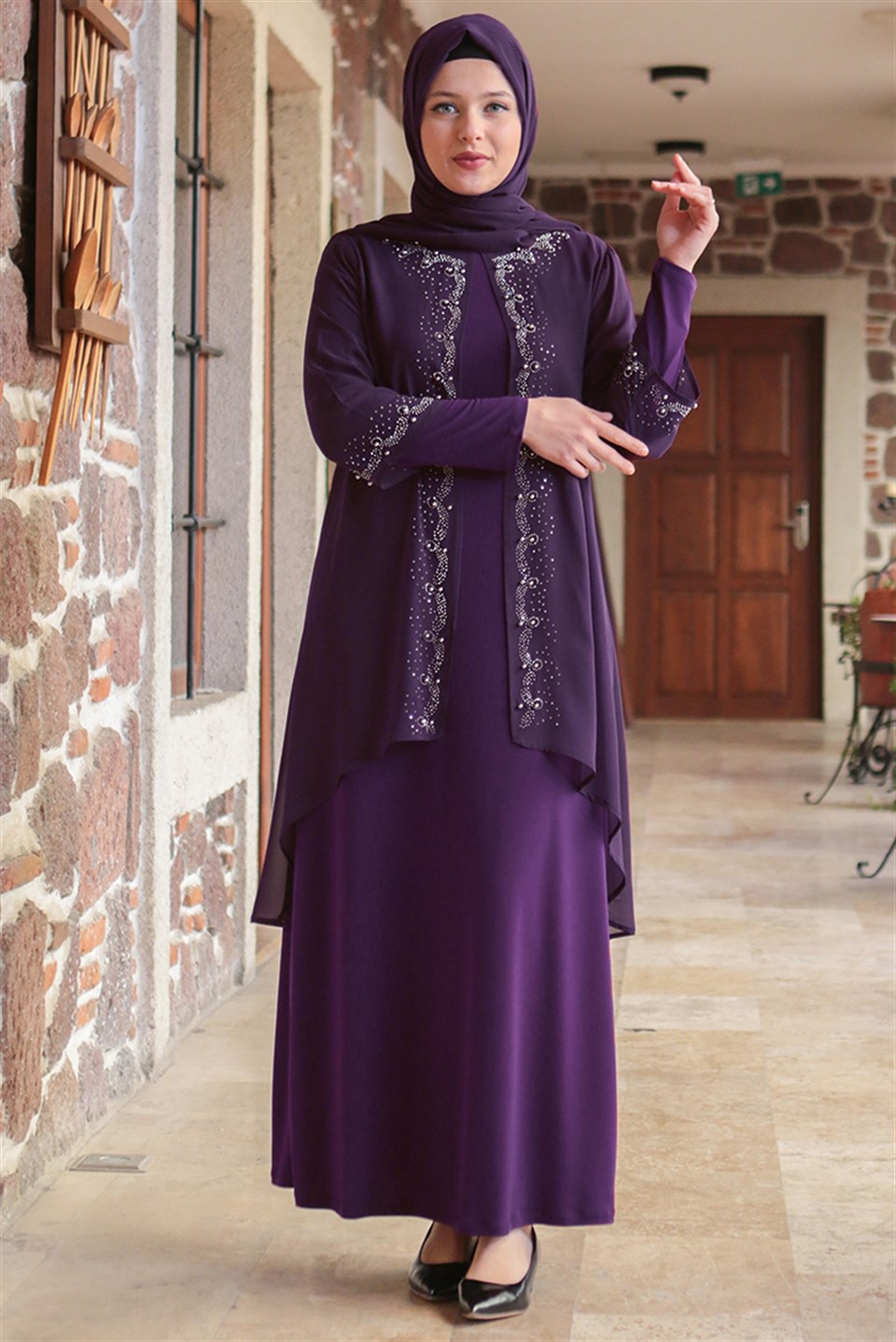 Dress - Lycra - Unlined - Crew Neck - Purple - FHM628