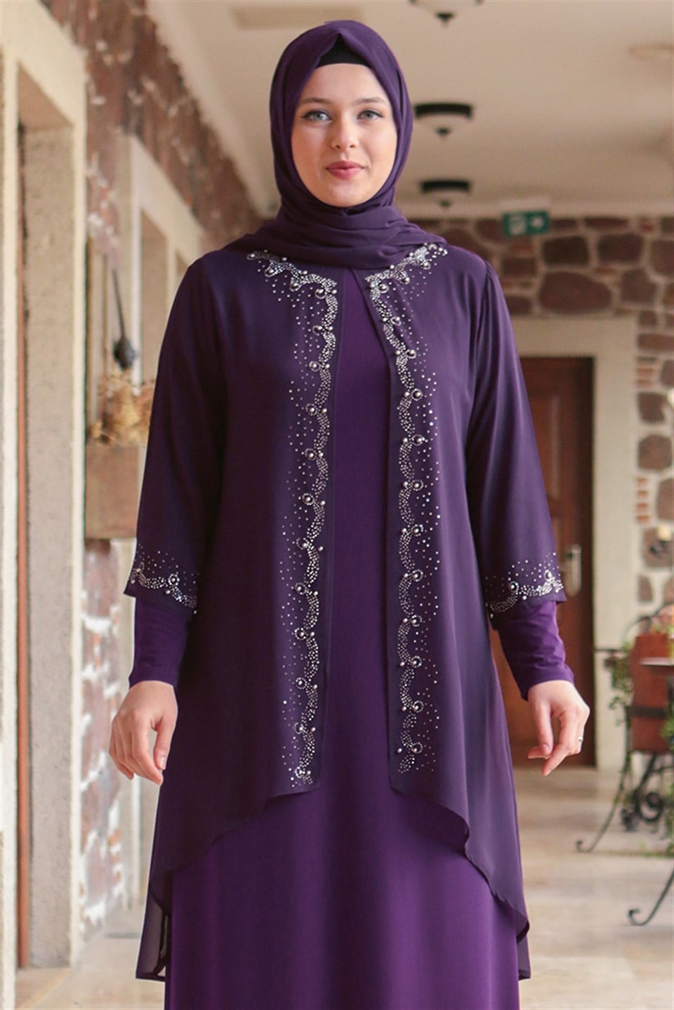 Dress - Lycra - Unlined - Crew Neck - Purple - FHM628