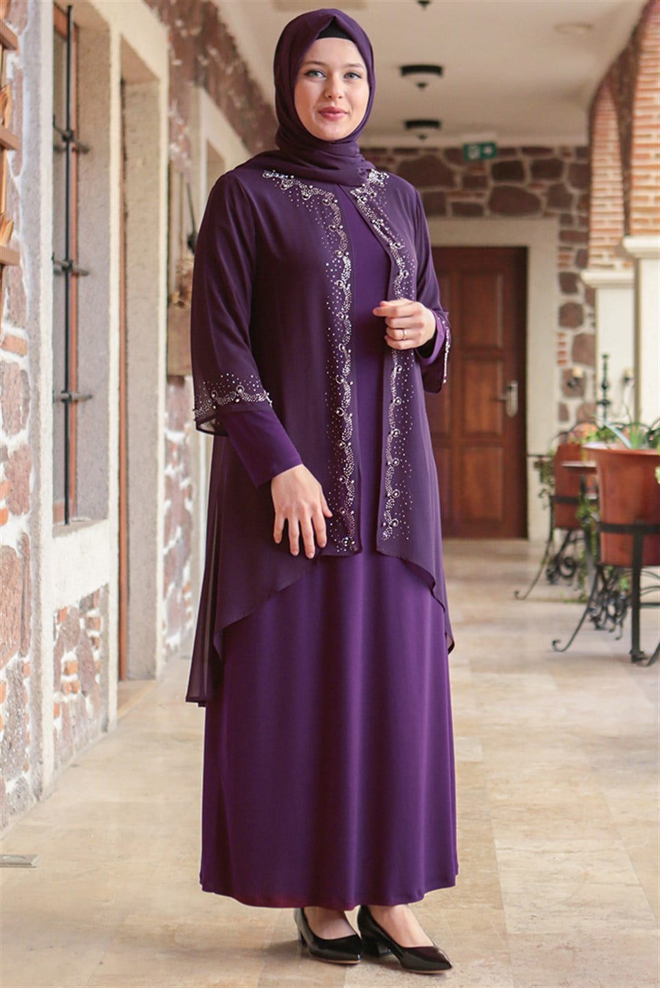 Dress - Lycra - Unlined - Crew Neck - Purple - FHM628