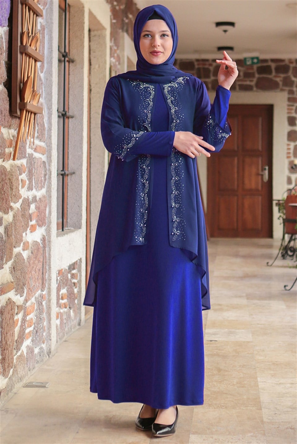 Dress - Lycra - Unlined - Crew Neck - Royal Blue - FHM628