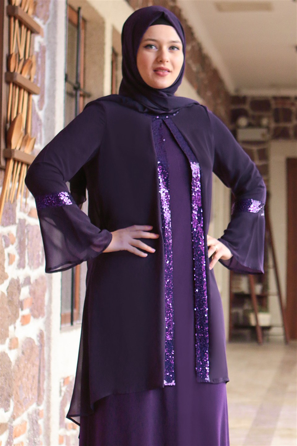 Dress - Lycra - Unlined - Crew Neck - Purple - FHM638