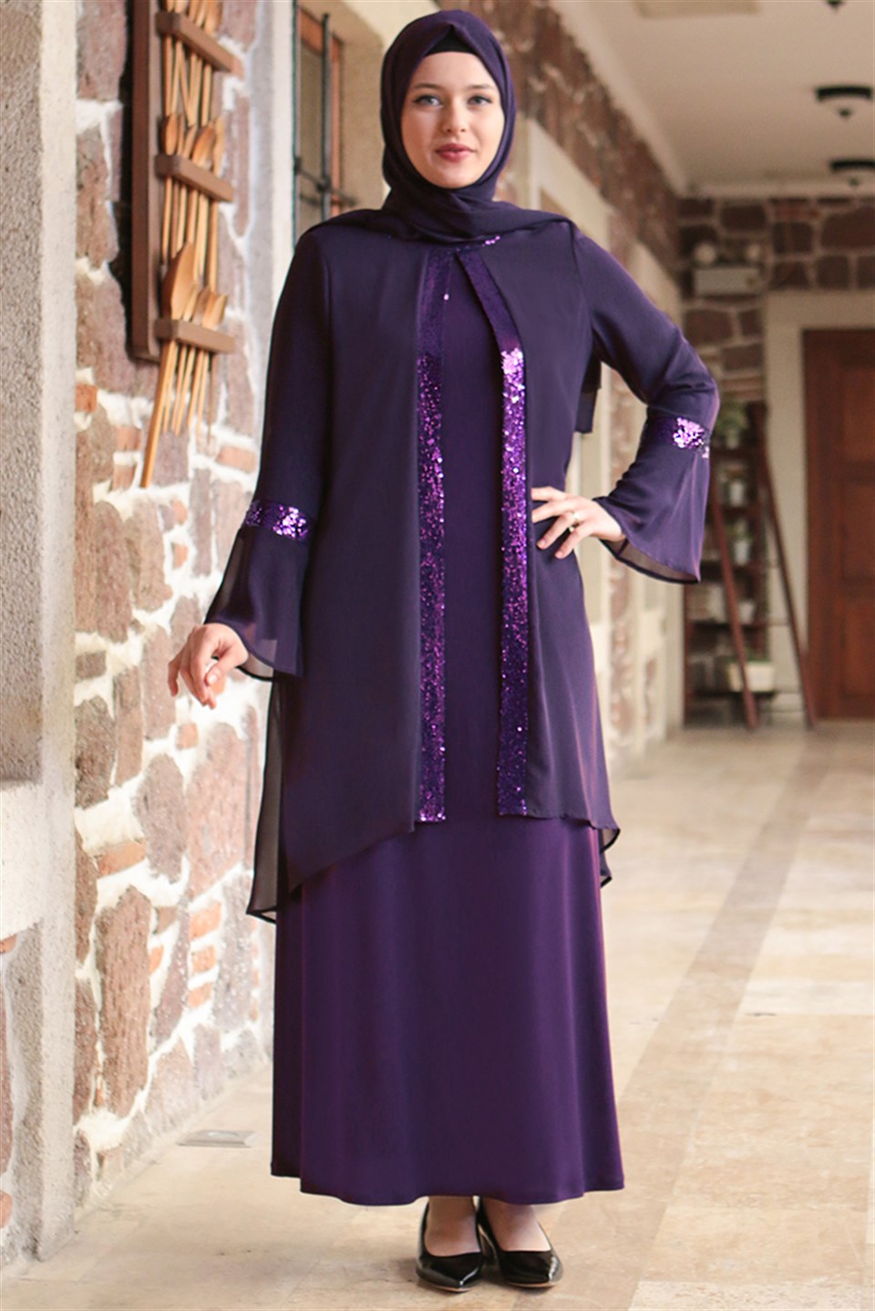 Dress - Lycra - Unlined - Crew Neck - Purple - FHM638