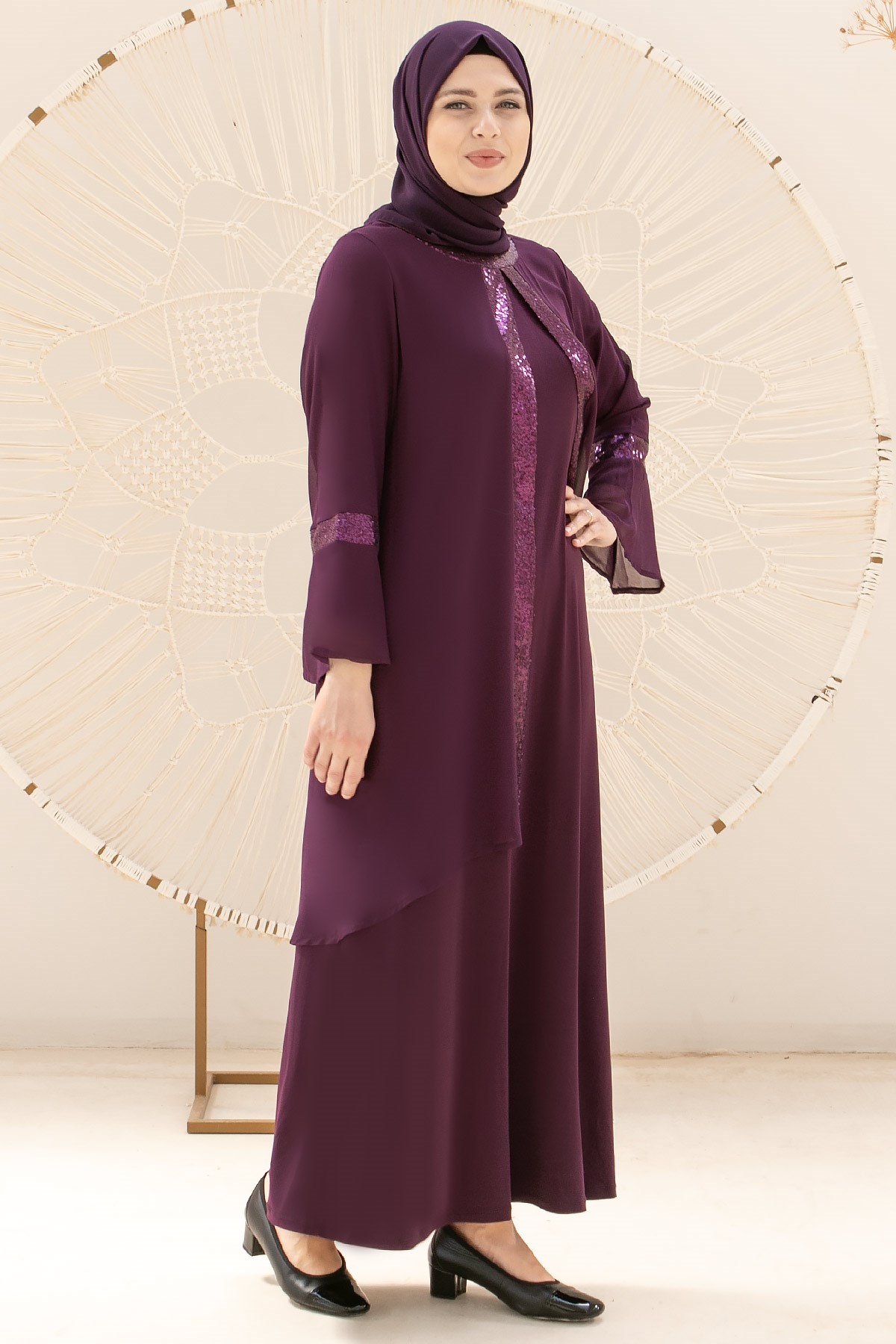 Robe de soirée - Élasthanne - Mousseline de Soie - Sans Doublure - Ras du Cou - Couleur Prune - FHM638FHM638-MÜRDÜMFahima