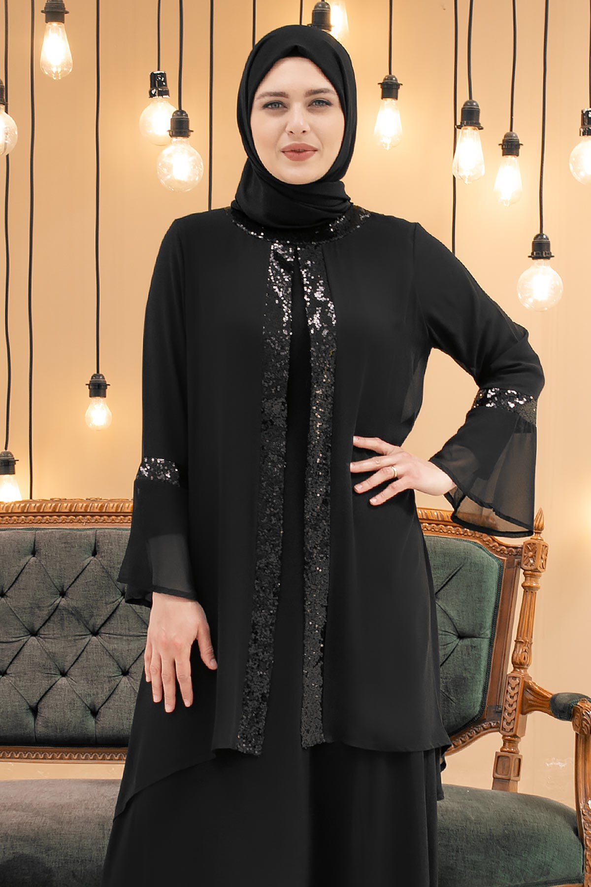 Robe de soirée - Élasthanne - Mousseline de Soie - Sans Doublure - Ras du Cou - Noir - FHM638FHM638-SİYAHFahima