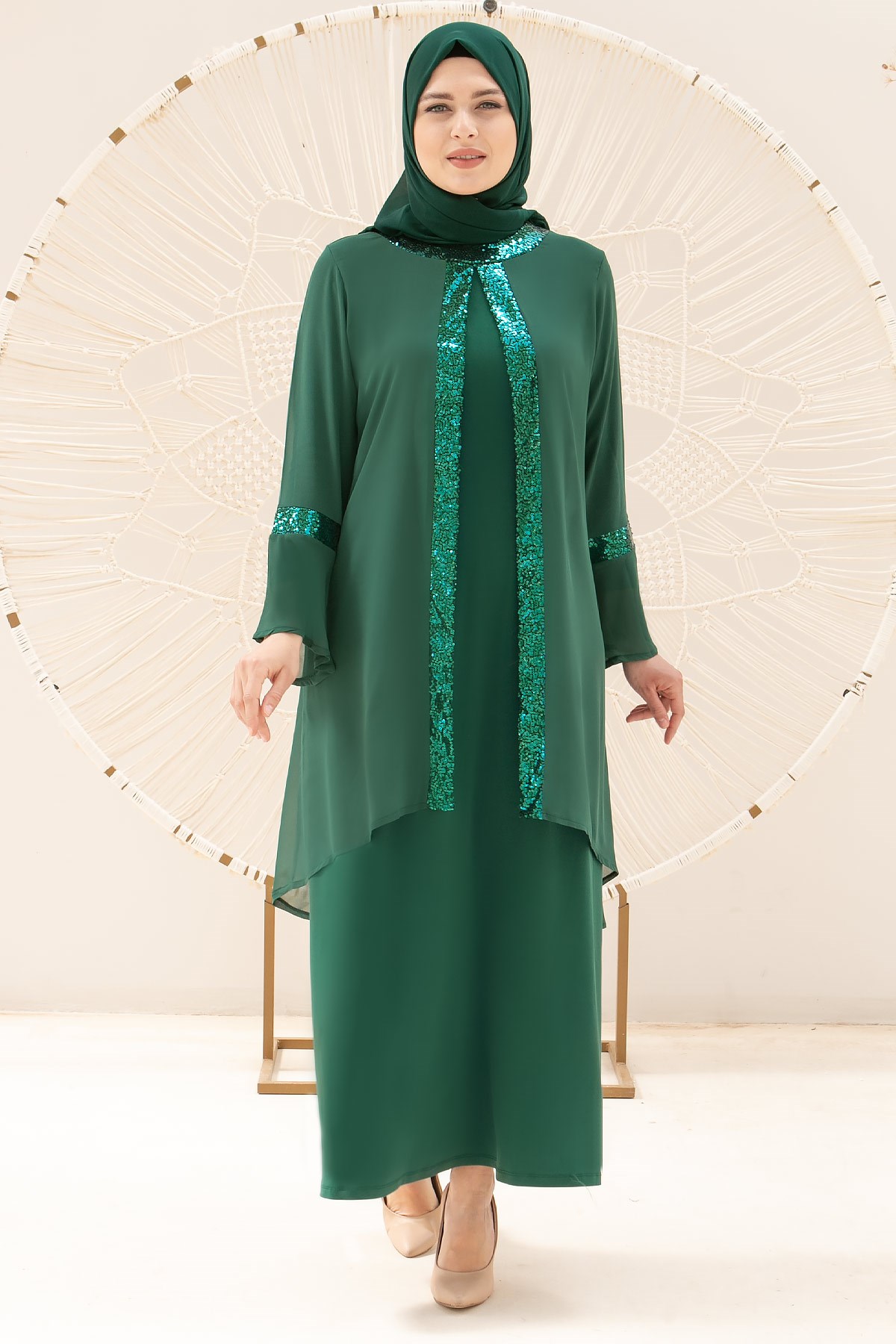 Robe de soirée - Élasthanne - Mousseline de Soie - Sans Doublure - Ras du Cou - Vert Emeraude - FHM638FHM638-ZÜMRÜTFahima