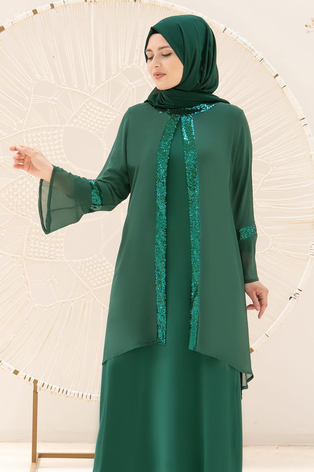 Robe de soirée - Élasthanne - Mousseline de Soie - Sans Doublure - Ras du Cou - Vert Emeraude - FHM638FHM638-ZÜMRÜTFahima