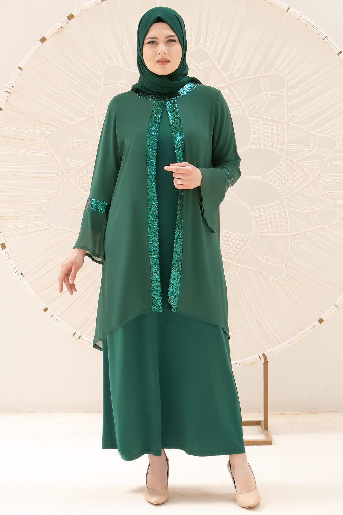 Robe de soirée - Élasthanne - Mousseline de Soie - Sans Doublure - Ras du Cou - Vert Emeraude - FHM638FHM638-ZÜMRÜTFahima