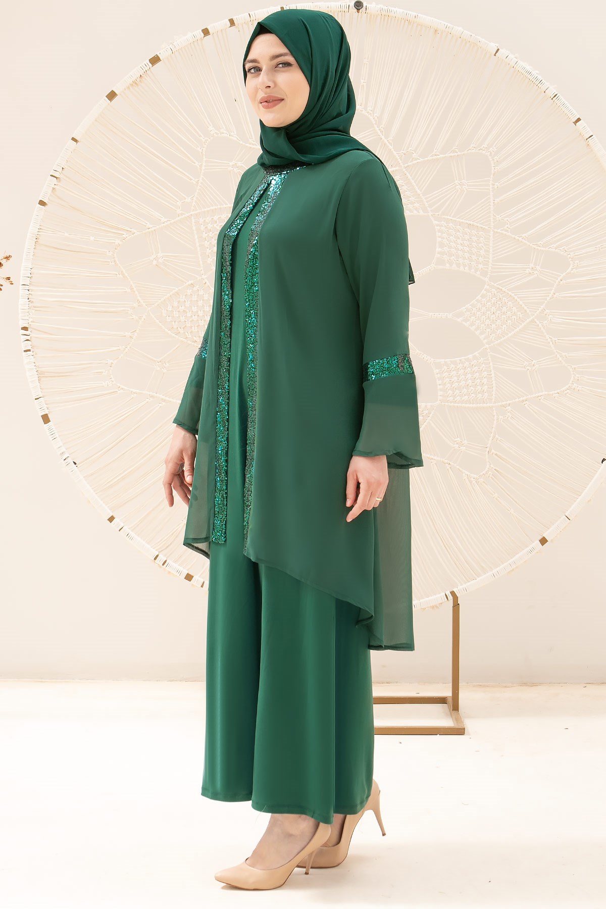 Robe de soirée - Élasthanne - Mousseline de Soie - Sans Doublure - Ras du Cou - Vert Emeraude - FHM638FHM638-ZÜMRÜTFahima
