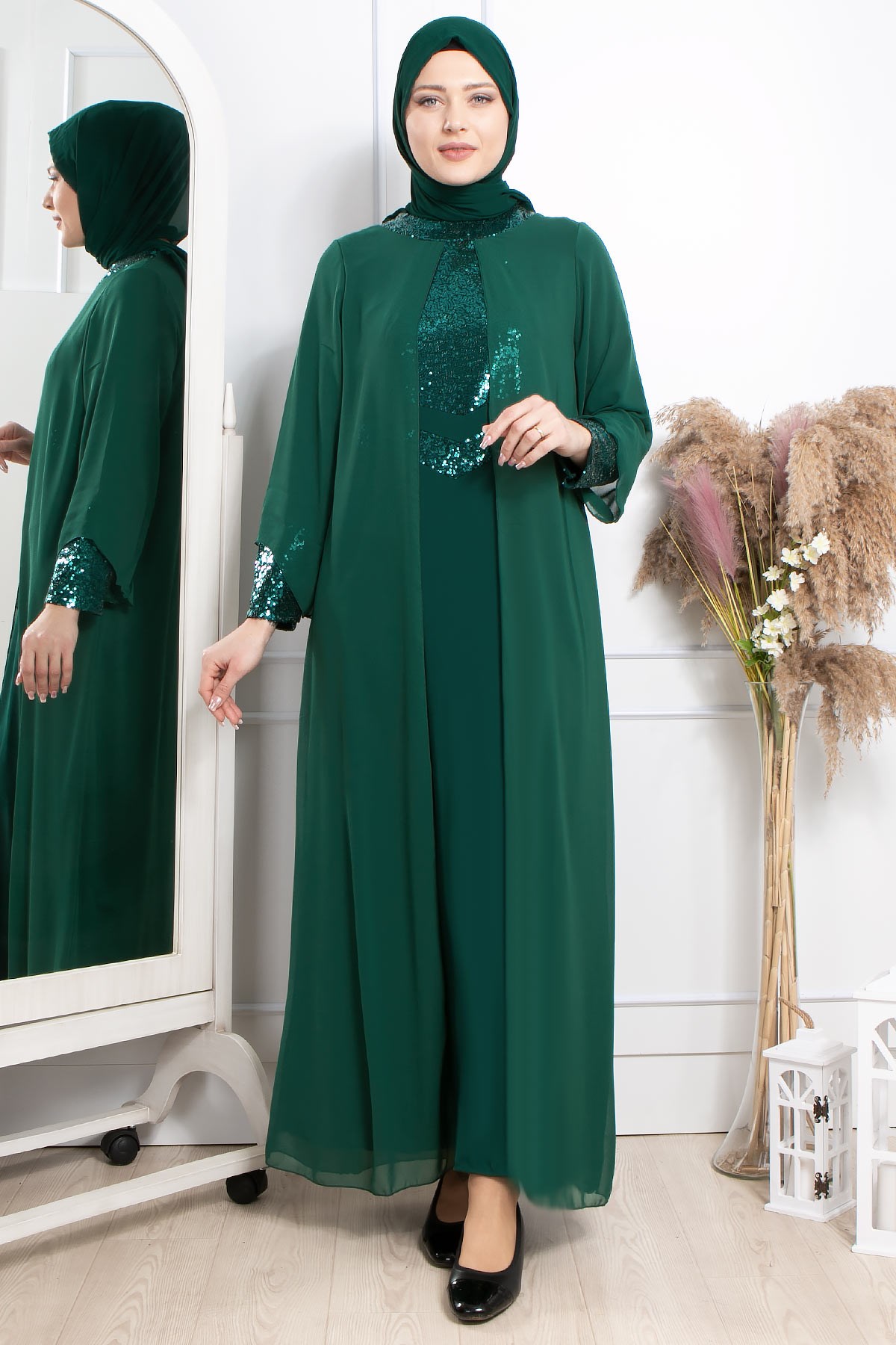 Dress - Lycra - Unlined - Crew Neck - Emerald Green - FHM640FHM640-ZÜMRÜTFahima