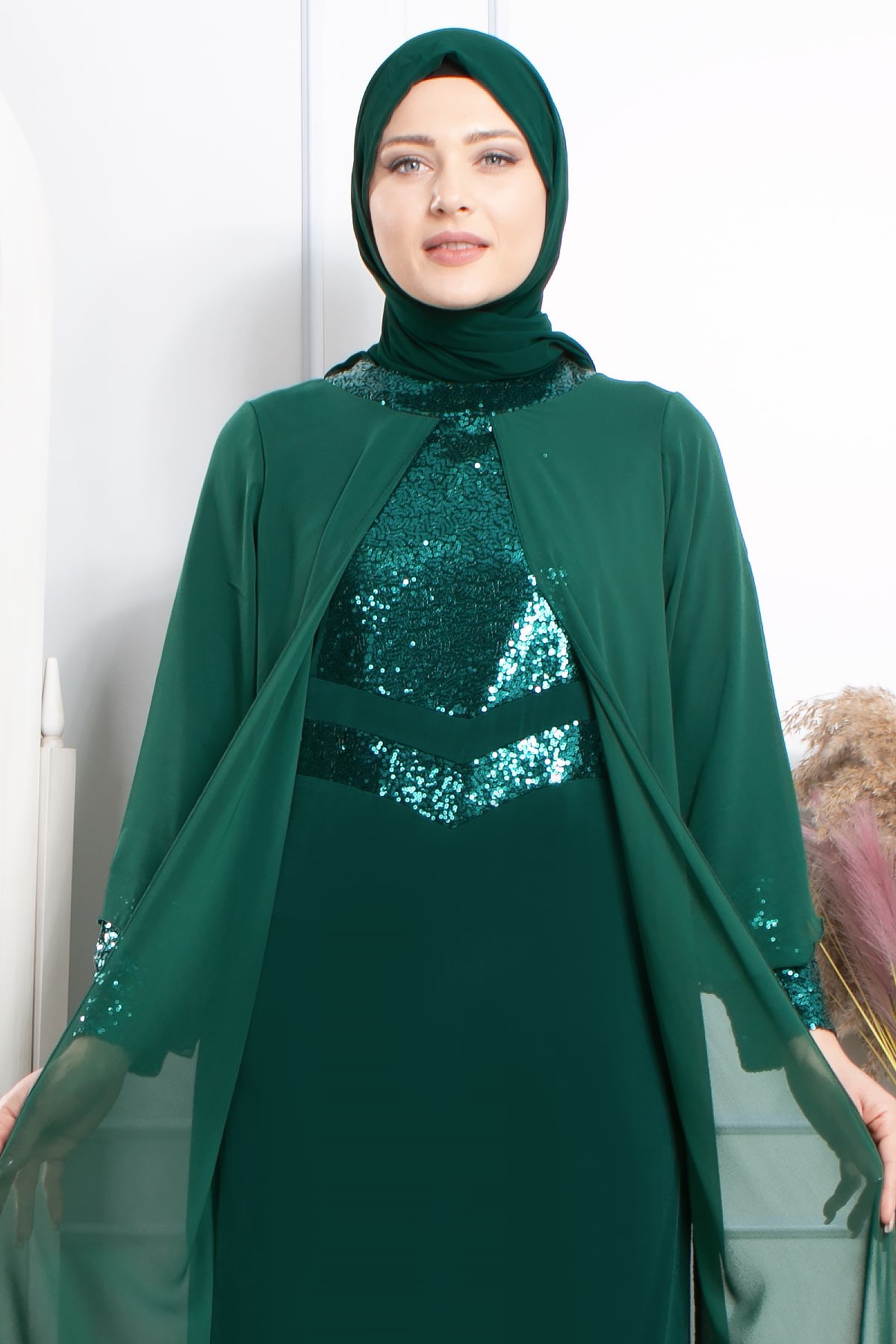 Dress - Lycra - Unlined - Crew Neck - Emerald Green - FHM640FHM640-ZÜMRÜTFahima