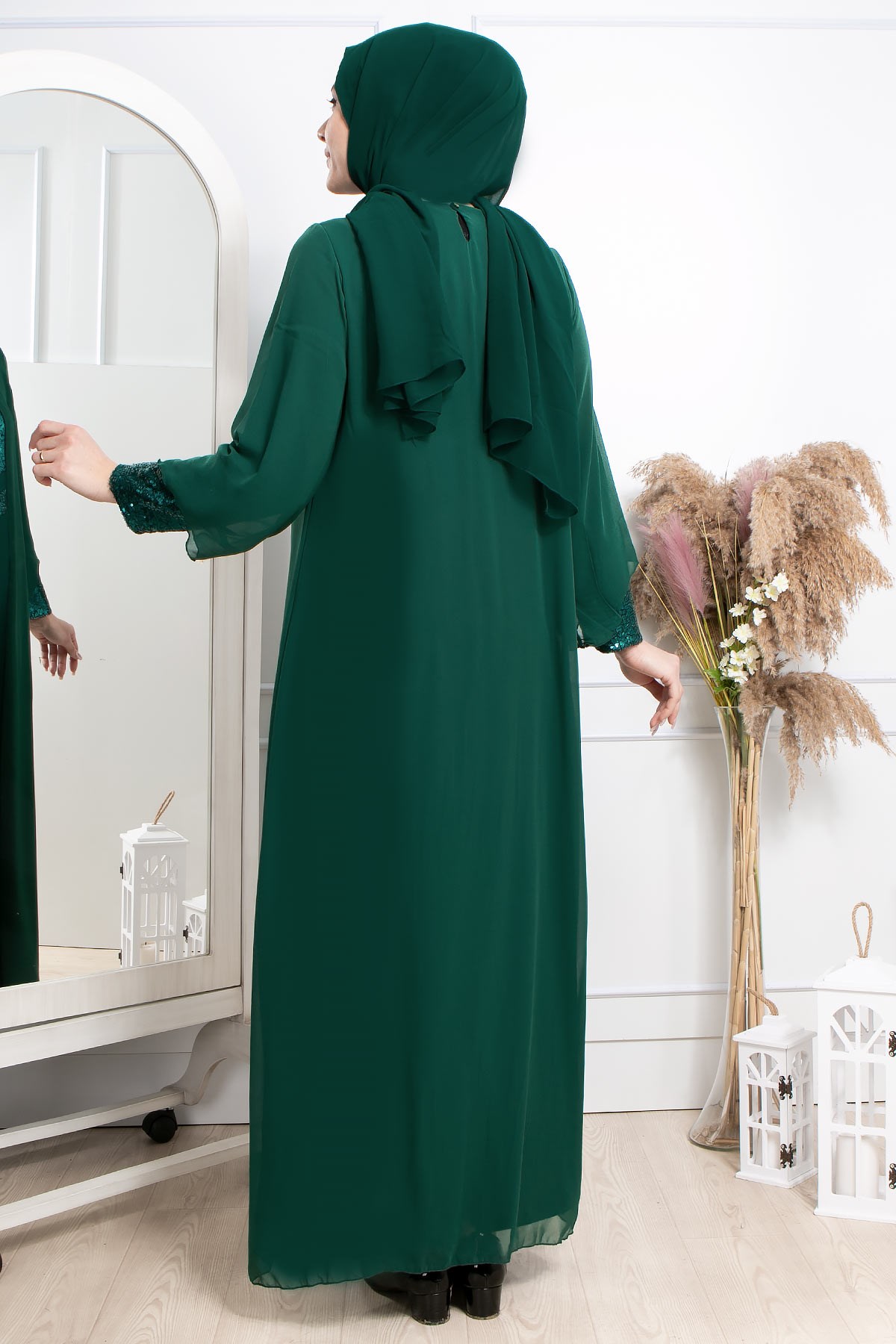 Dress - Lycra - Unlined - Crew Neck - Emerald Green - FHM640FHM640-ZÜMRÜTFahima