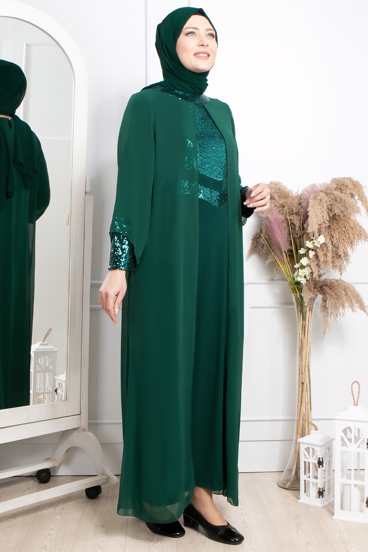 Dress - Lycra - Unlined - Crew Neck - Emerald Green - FHM640FHM640-ZÜMRÜTFahima