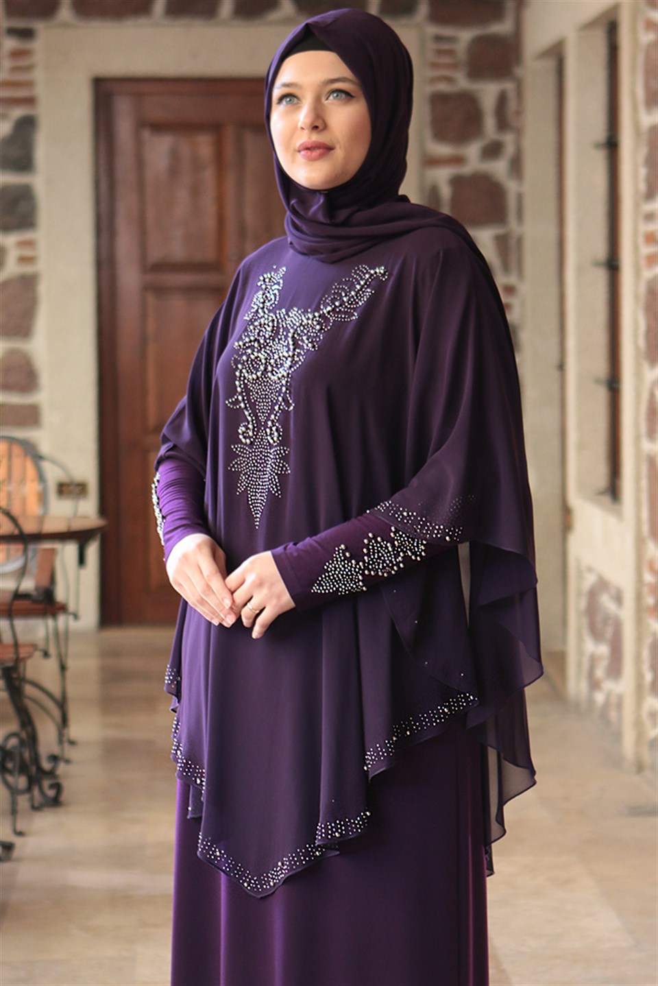 Evening Dress - Lycra - Unlined - Crew Neck - Purple - FHM642