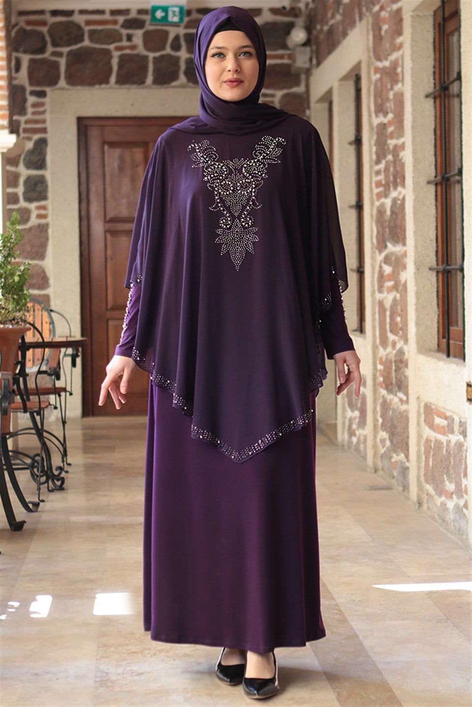 Evening Dress - Lycra - Unlined - Crew Neck - Purple - FHM642