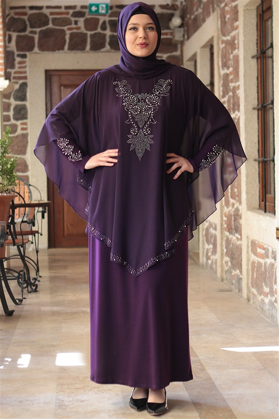 Evening Dress - Lycra - Unlined - Crew Neck - Purple - FHM642