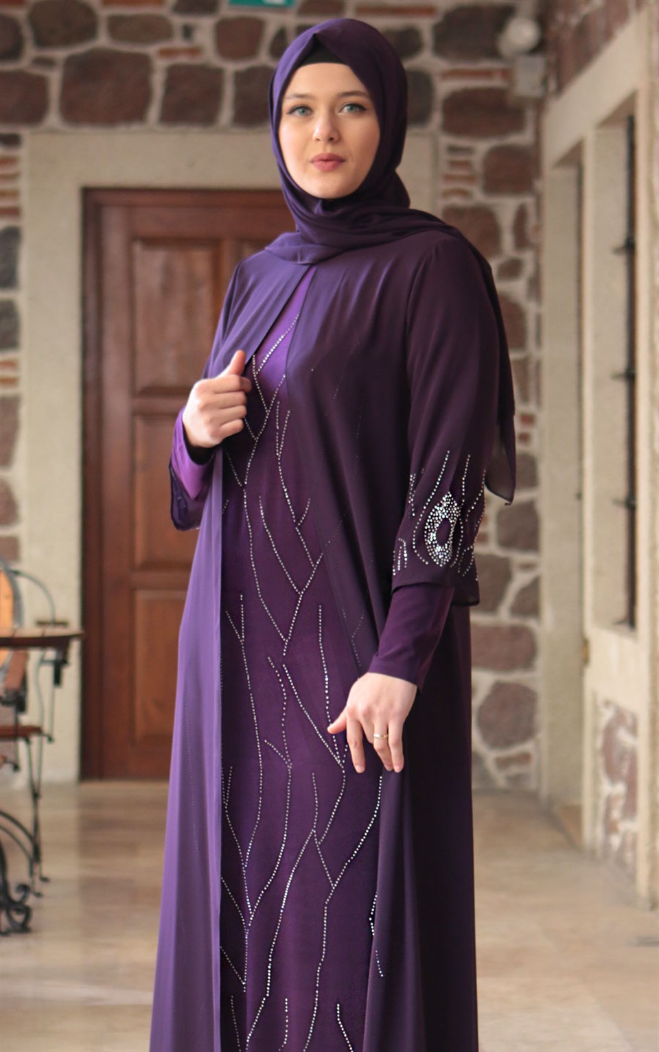 Dress - Lycra - Unlined - Crew Neck - Purple - FHM644