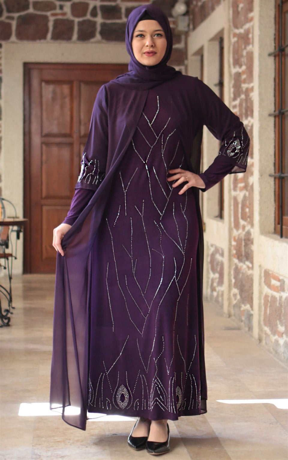 Dress - Lycra - Unlined - Crew Neck - Purple - FHM644