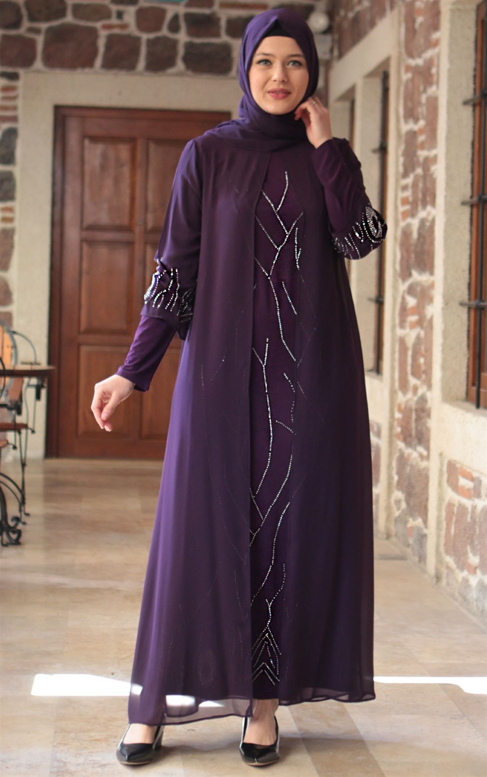 Dress - Lycra - Unlined - Crew Neck - Purple - FHM644