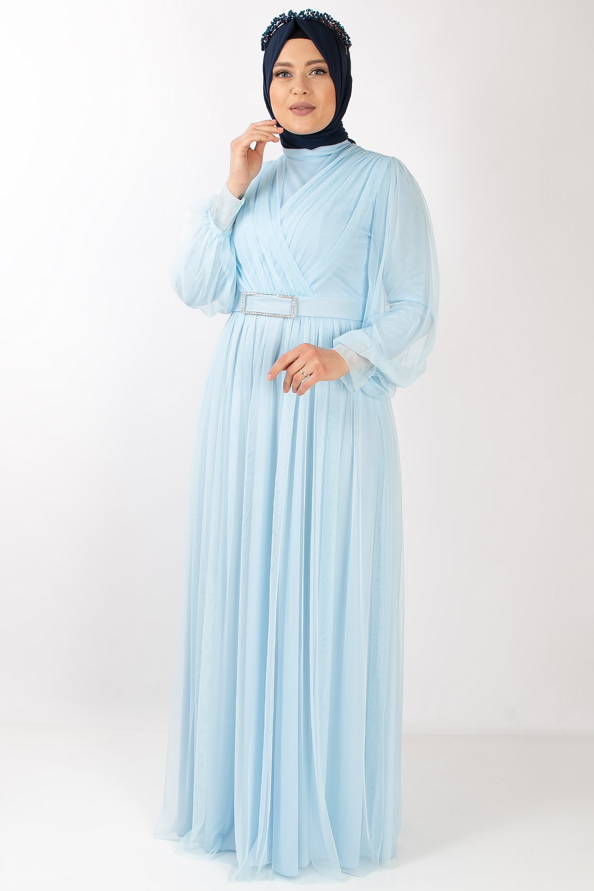 Tulle Detailed Evening Dress Baby Blue  FHM777