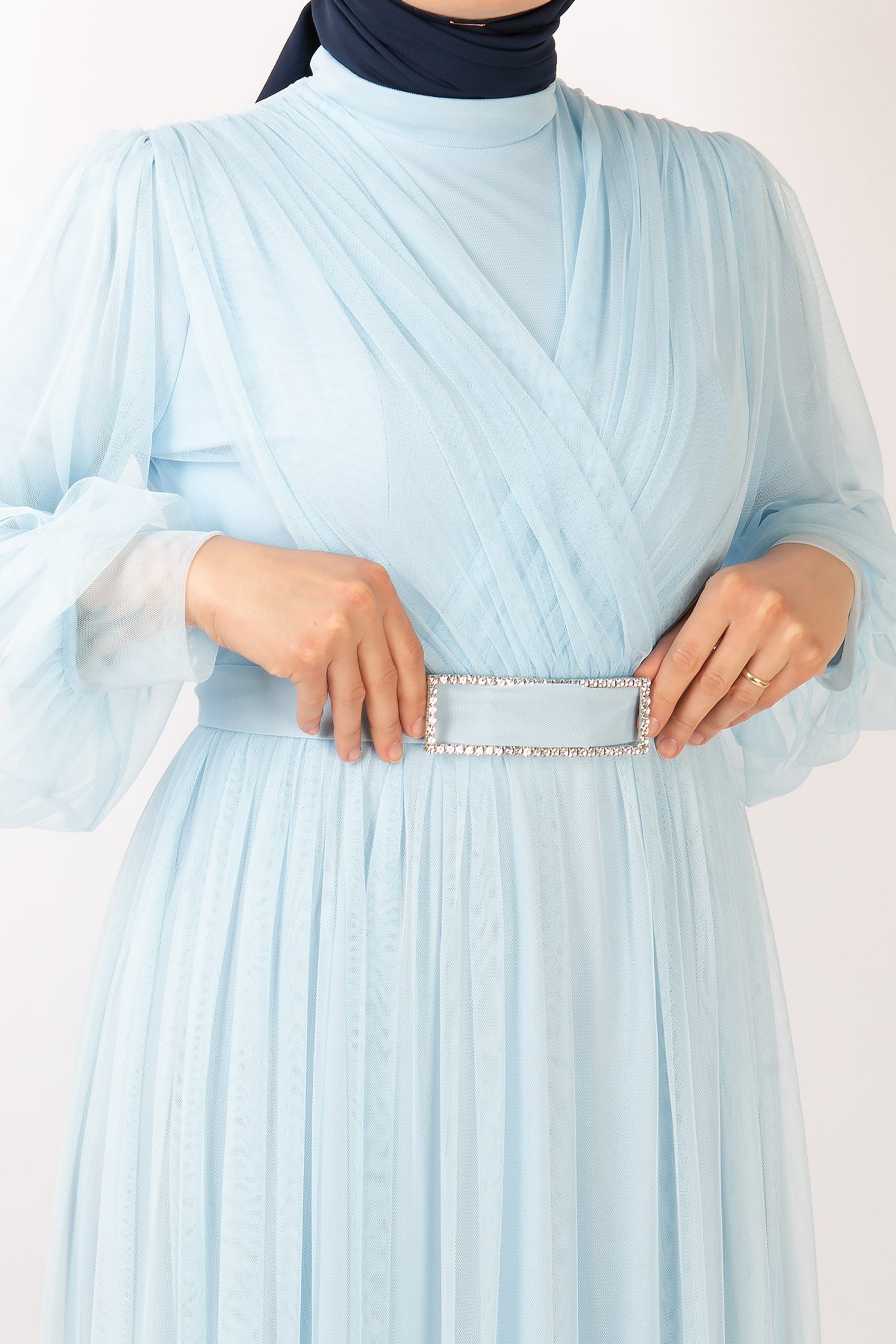 Tulle Detailed Evening Dress Baby Blue  FHM777