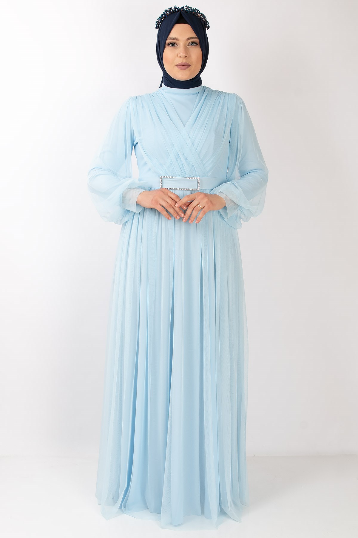 Tulle Detailed Evening Dress Baby Blue  FHM777