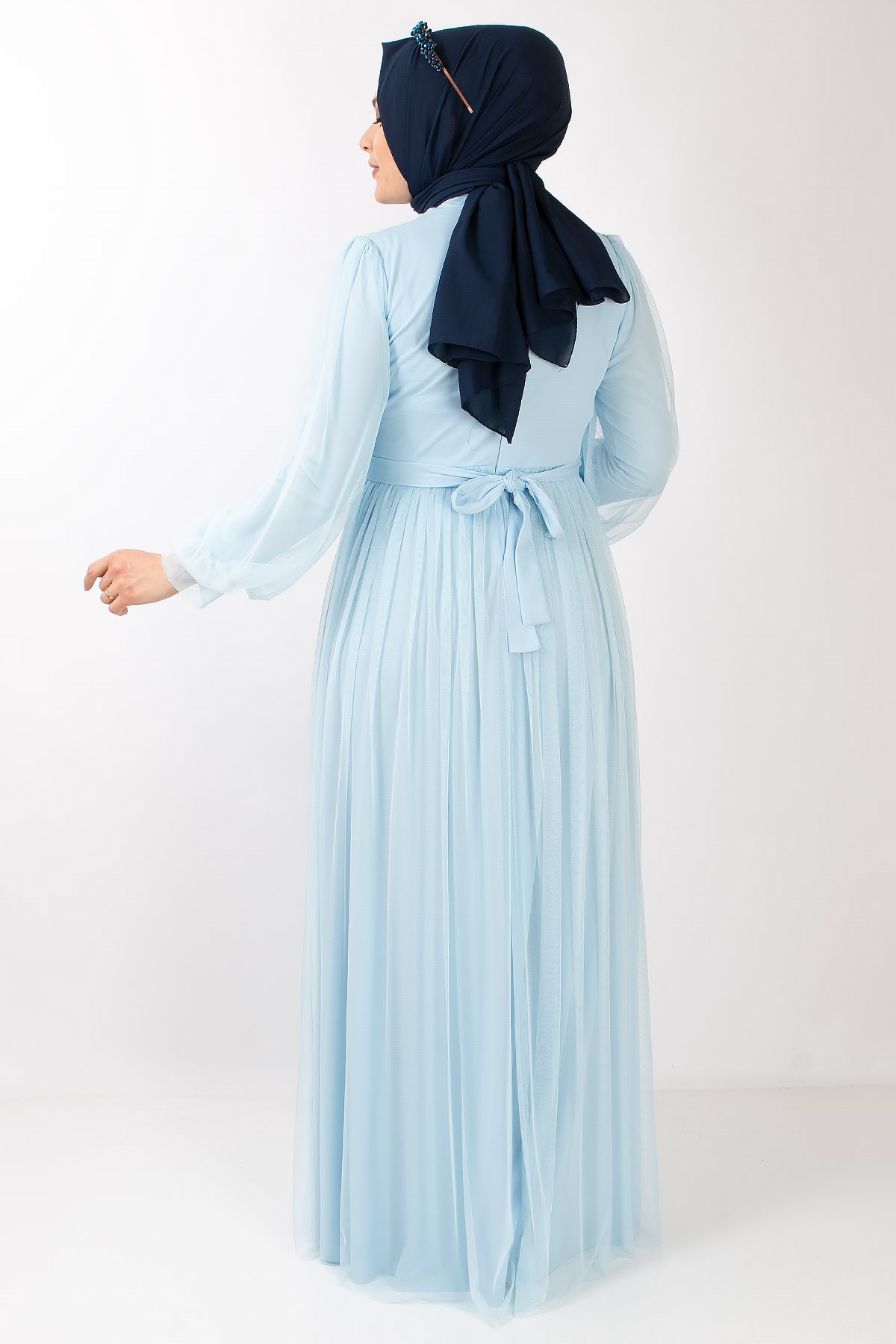 Tulle Detailed Evening Dress Baby Blue  FHM777