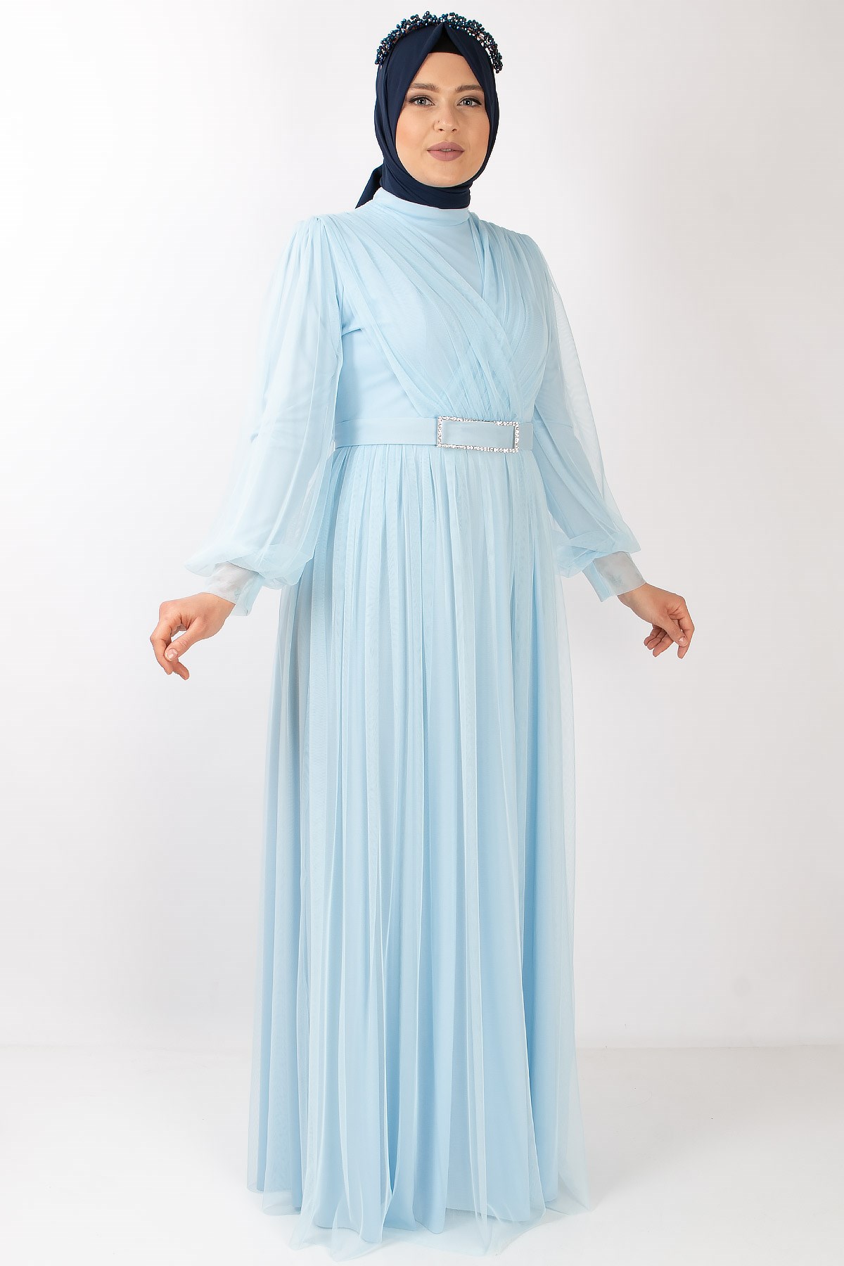 Tulle Detailed Evening Dress Baby Blue  FHM777