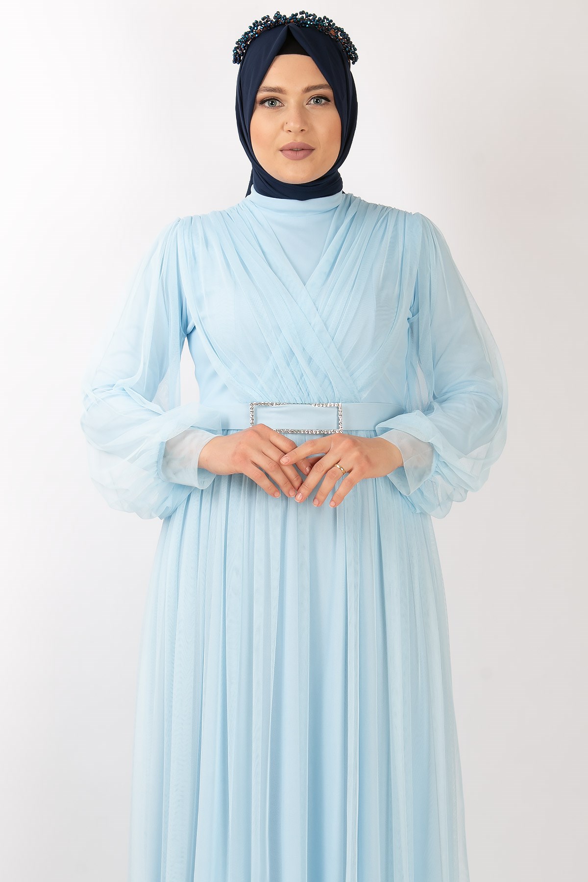Tulle Detailed Evening Dress Baby Blue  FHM777