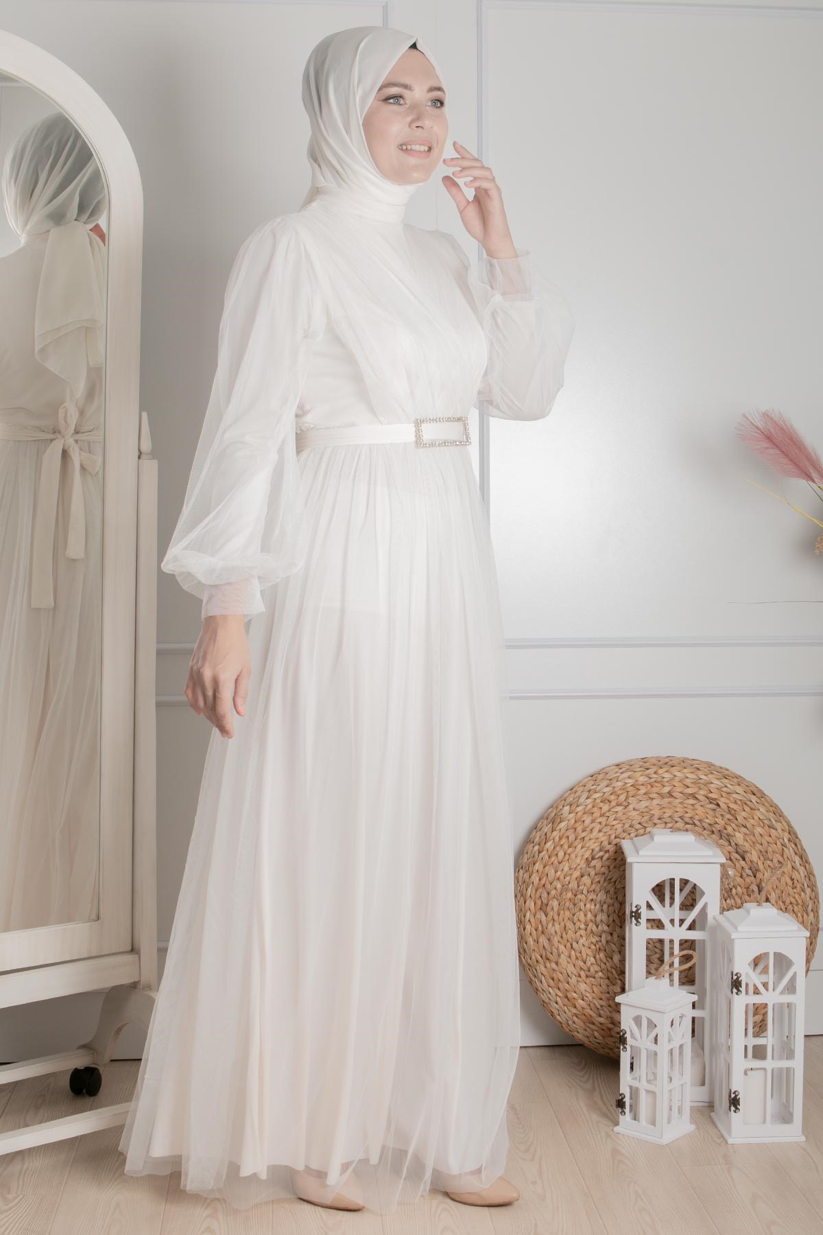Tulle Detailed Evening Dress Ecru FHM777FHM777-EKRUFahima