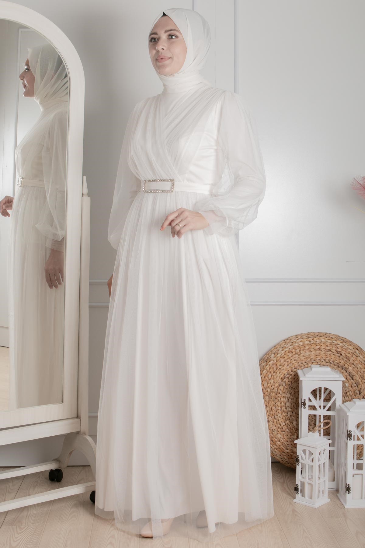 Tulle Detailed Evening Dress Ecru FHM777FHM777-EKRUFahima