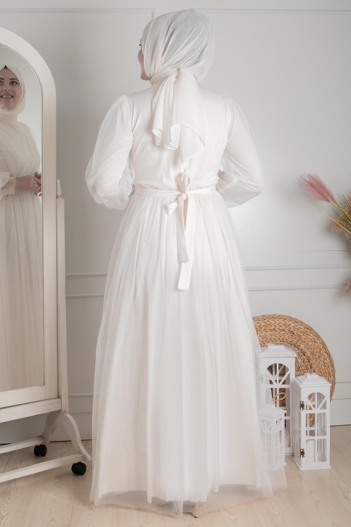 Tulle Detailed Evening Dress Ecru FHM777FHM777-EKRUFahima
