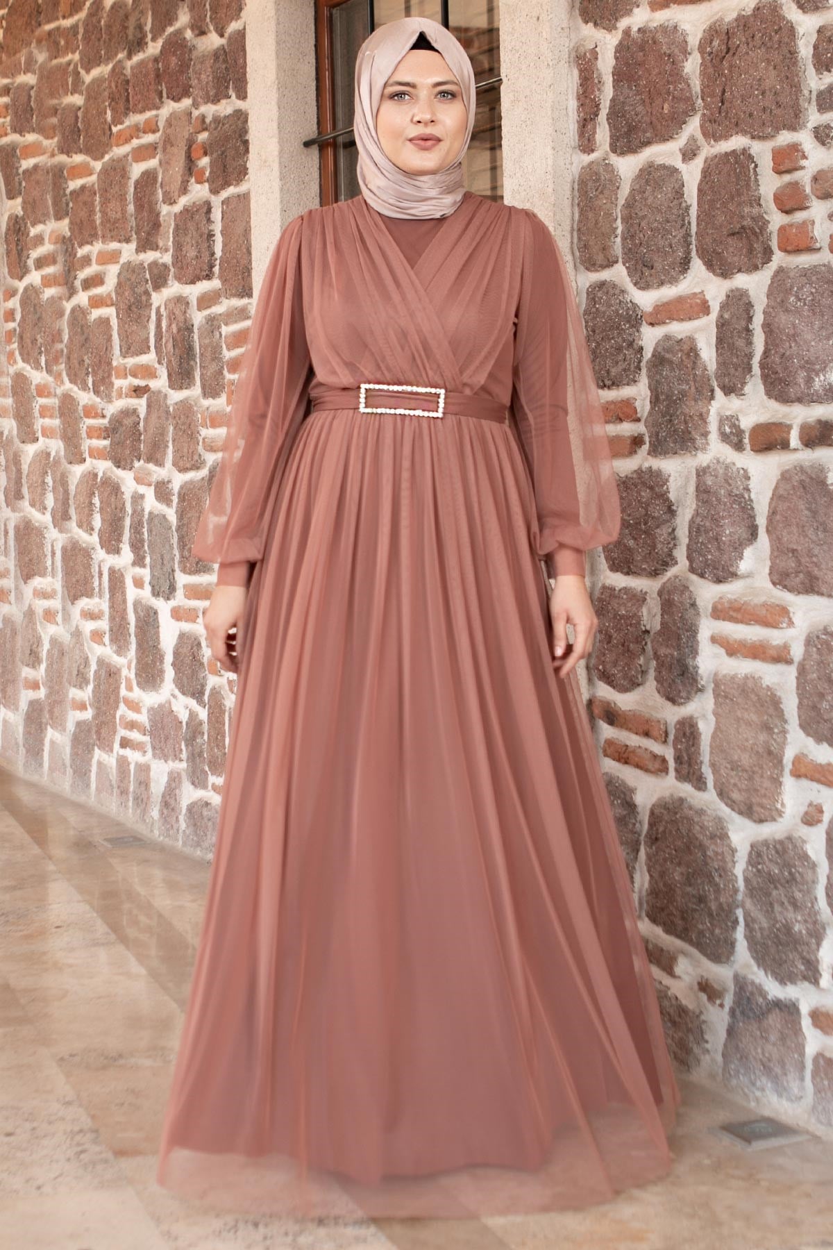 Tulle Detailed Evening Dress Dried Rose FHM777FHM777-GÜL KURUSUFahima