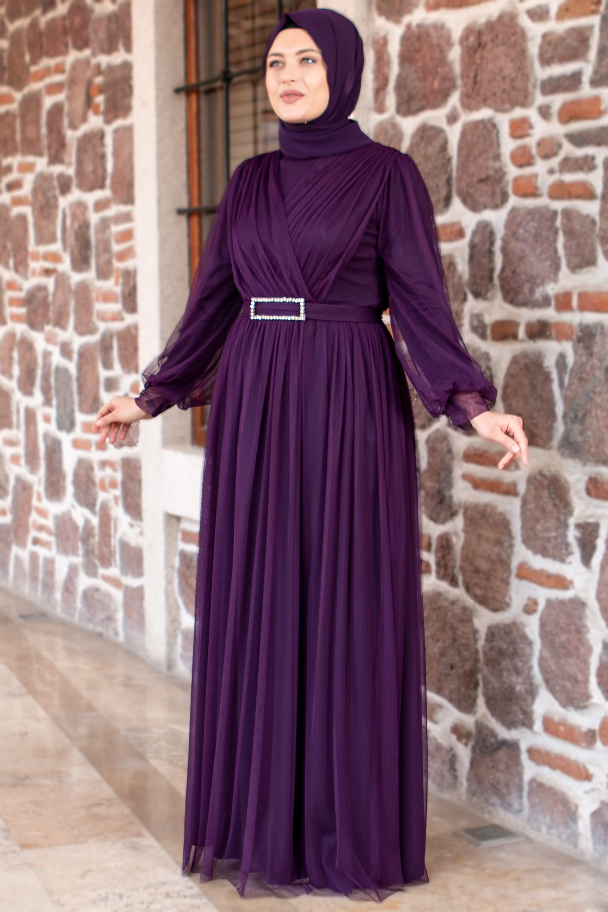 Tulle Detailed Evening Dress Purple FHM777FHM777-MORFahima