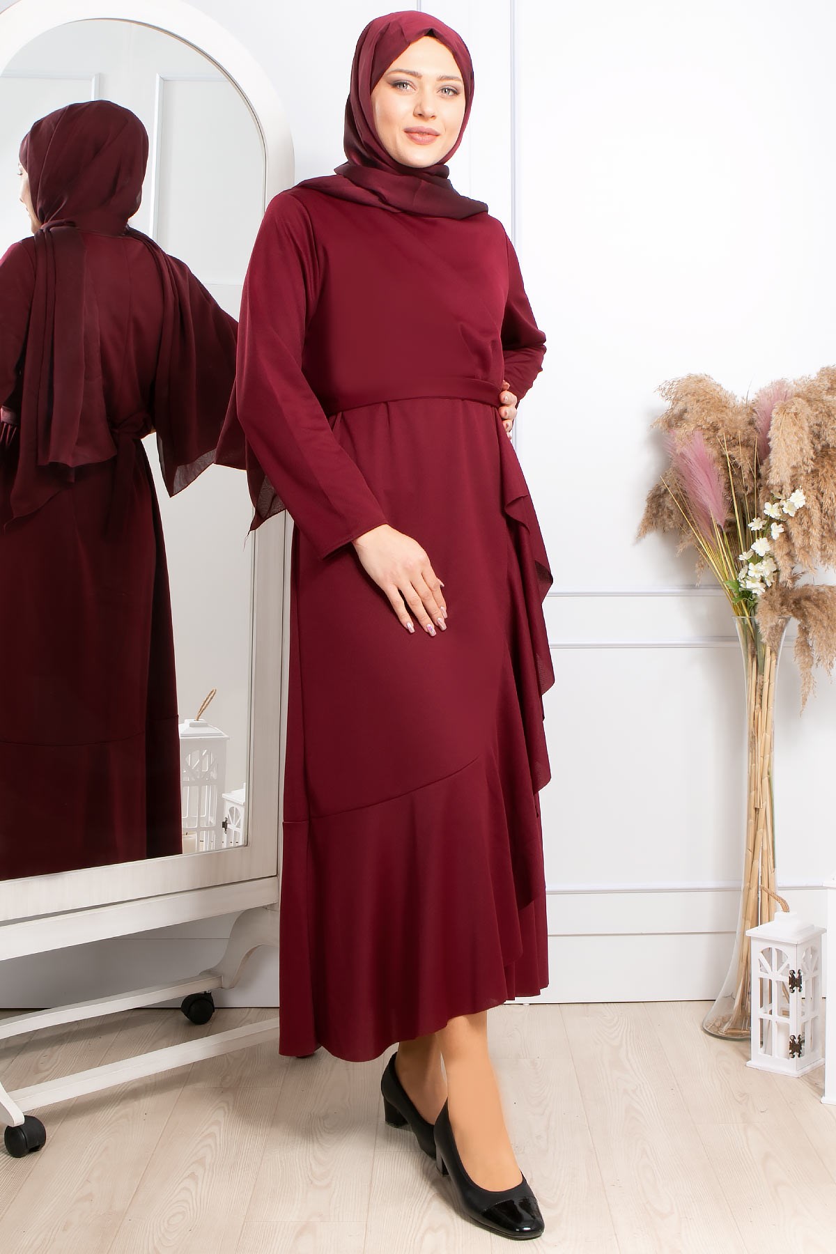 Frill Detailed Veiling Dress Plum FHM802FHM802-MÜRDÜMFahima