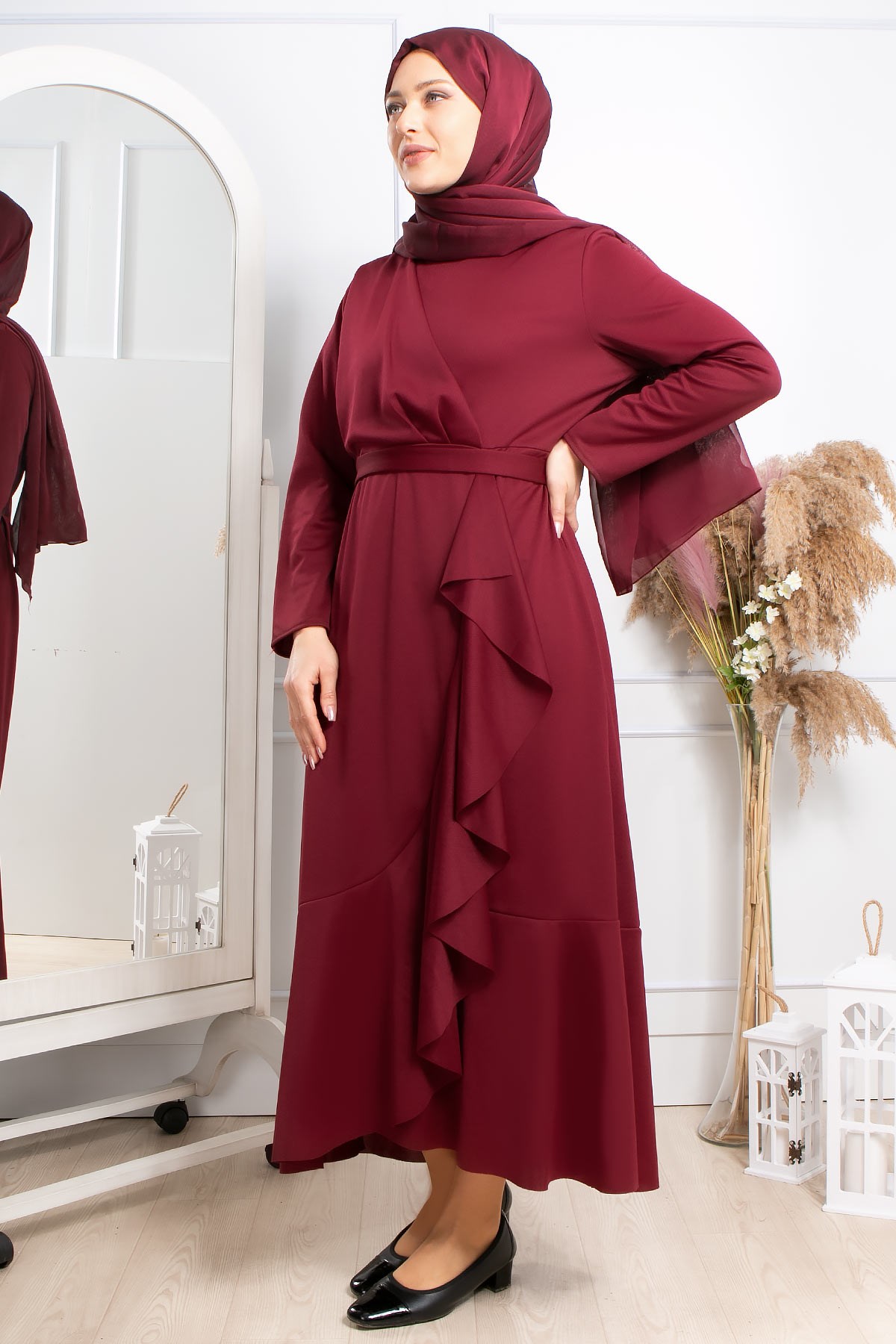 Frill Detailed Veiling Dress Plum FHM802FHM802-MÜRDÜMFahima