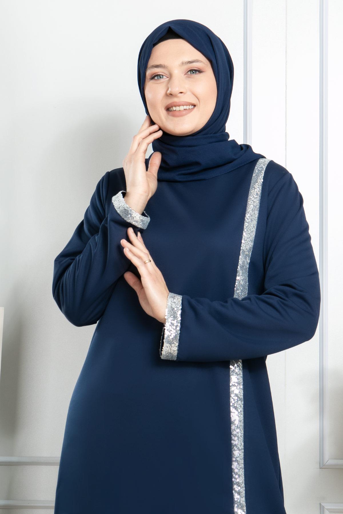 Sequin Striped Dress Indigo Bleu FHM808FHM808-İNDİGOFahima