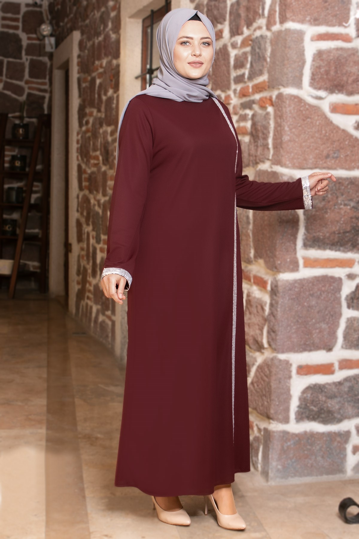 Sequin Striped Dress Plum FHM808FHM808-MÜRDÜMFahima