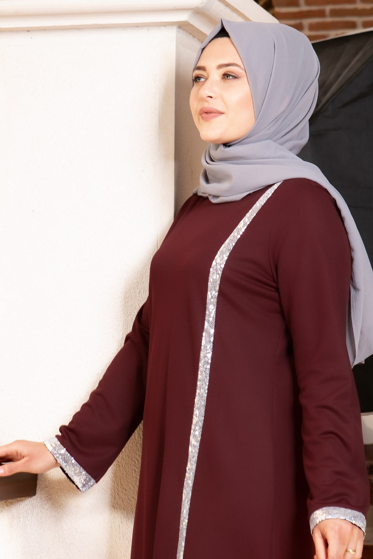 Sequin Striped Dress Plum FHM808FHM808-MÜRDÜMFahima