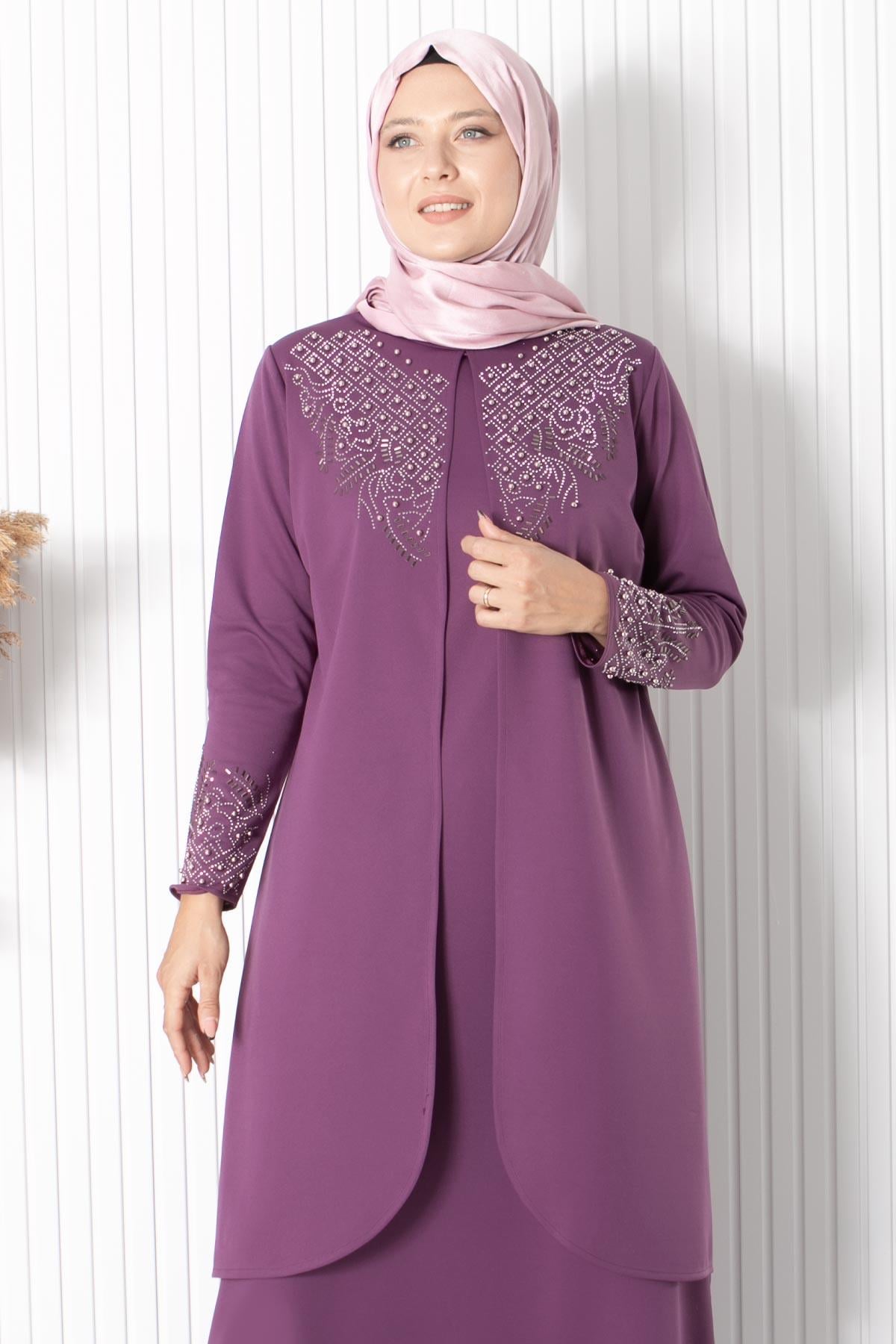 Stone Embroidered Detailed Evening Dress Lilac FHM818FHM818-LİLAFahima
