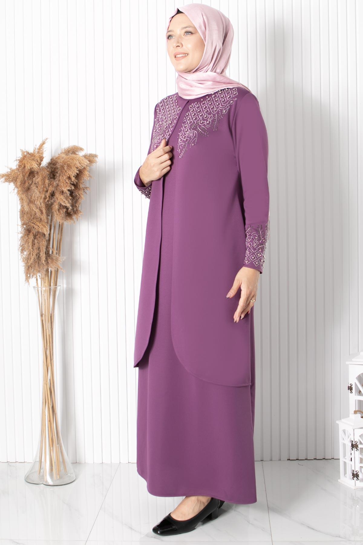Stone Embroidered Detailed Evening Dress Lilac FHM818FHM818-LİLAFahima