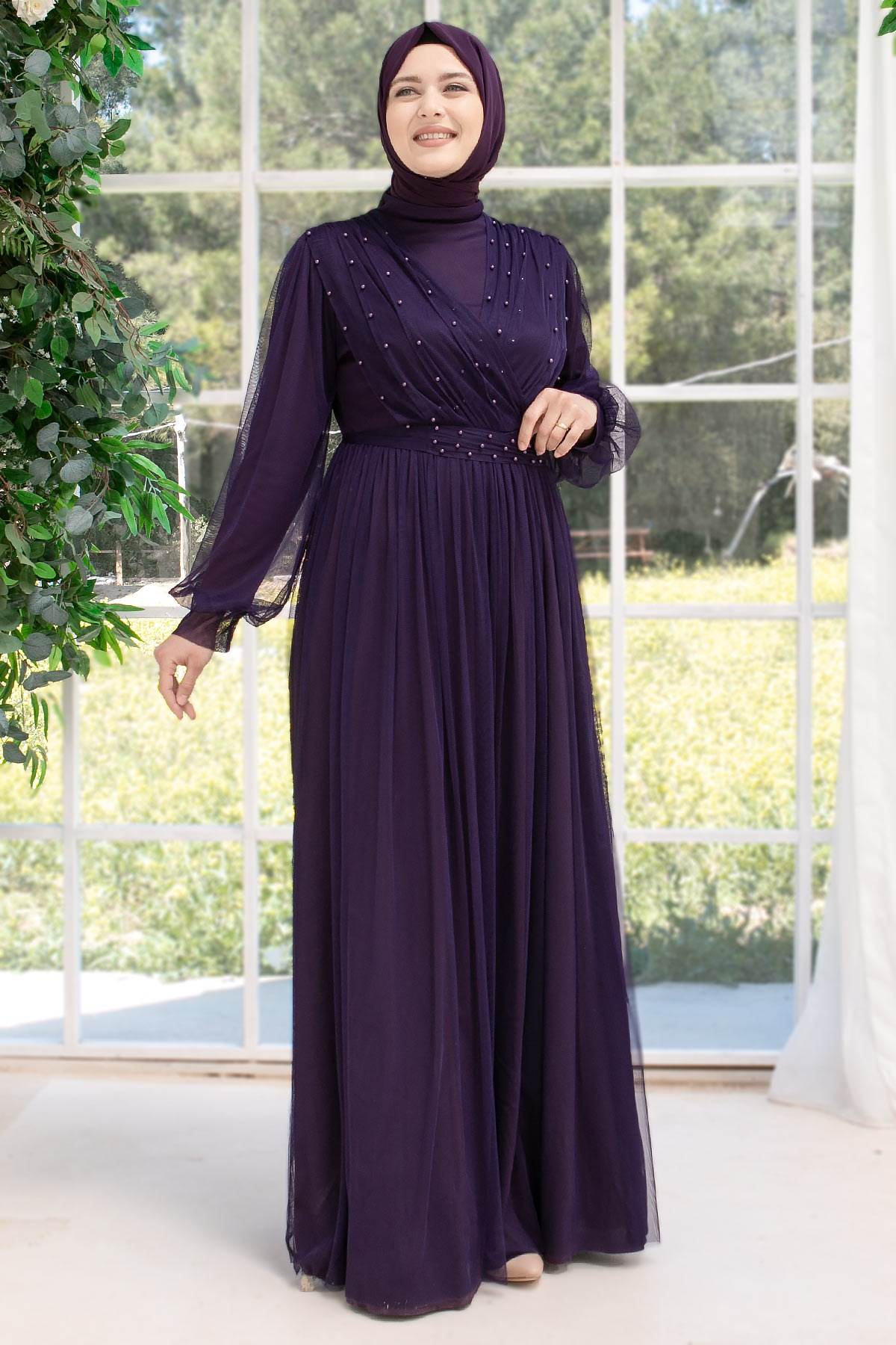 Robe de soirée en tulle avec pierre perlée Pourpre FHM830FHM830-MORFahima