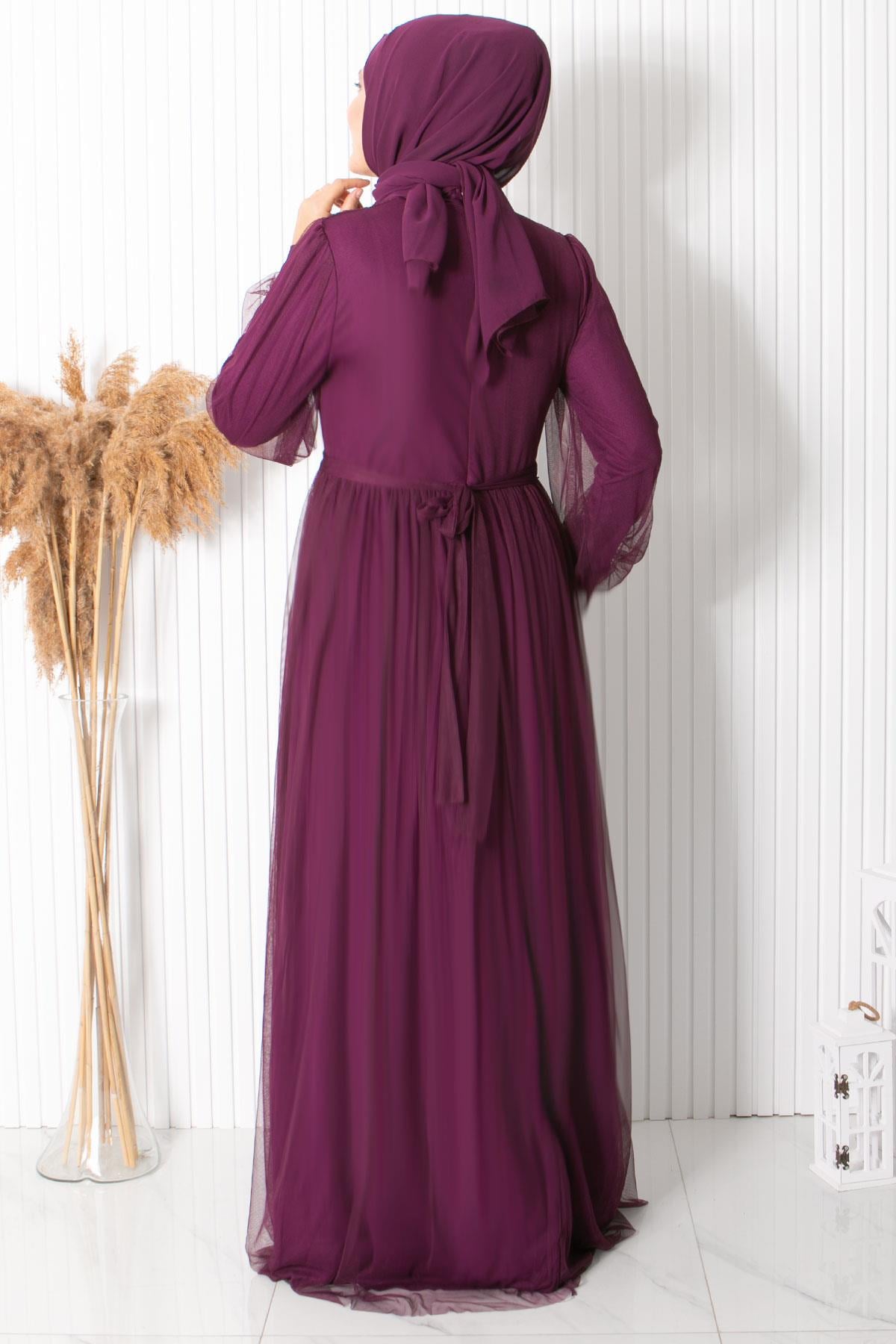 İnci Taş Detaylı Tül Abiye Mürdüm FHM830FHM830-MÜRDÜMFahima