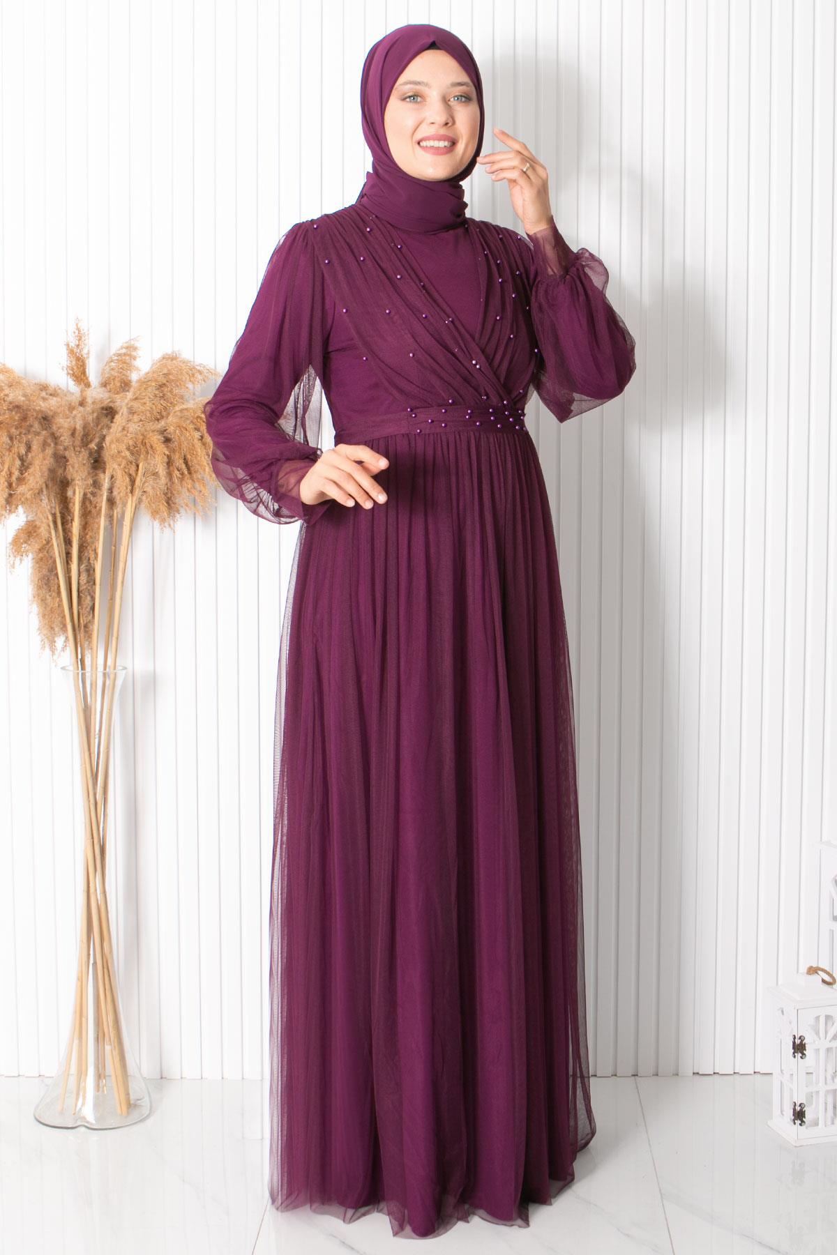 İnci Taş Detaylı Tül Abiye Mürdüm FHM830FHM830-MÜRDÜMFahima