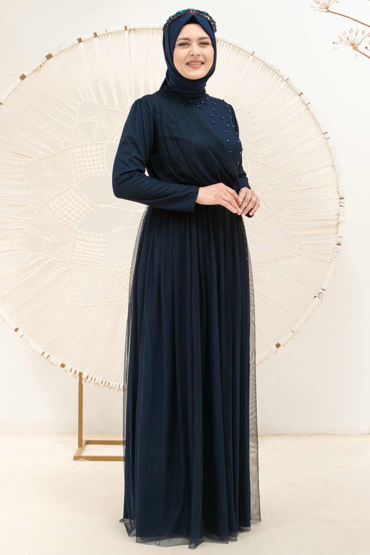 Perle Détaillée Robe De Soirée En Tulle Cintrée Robe Bleu Marin FHM831FHM831-LACİVERTFahima