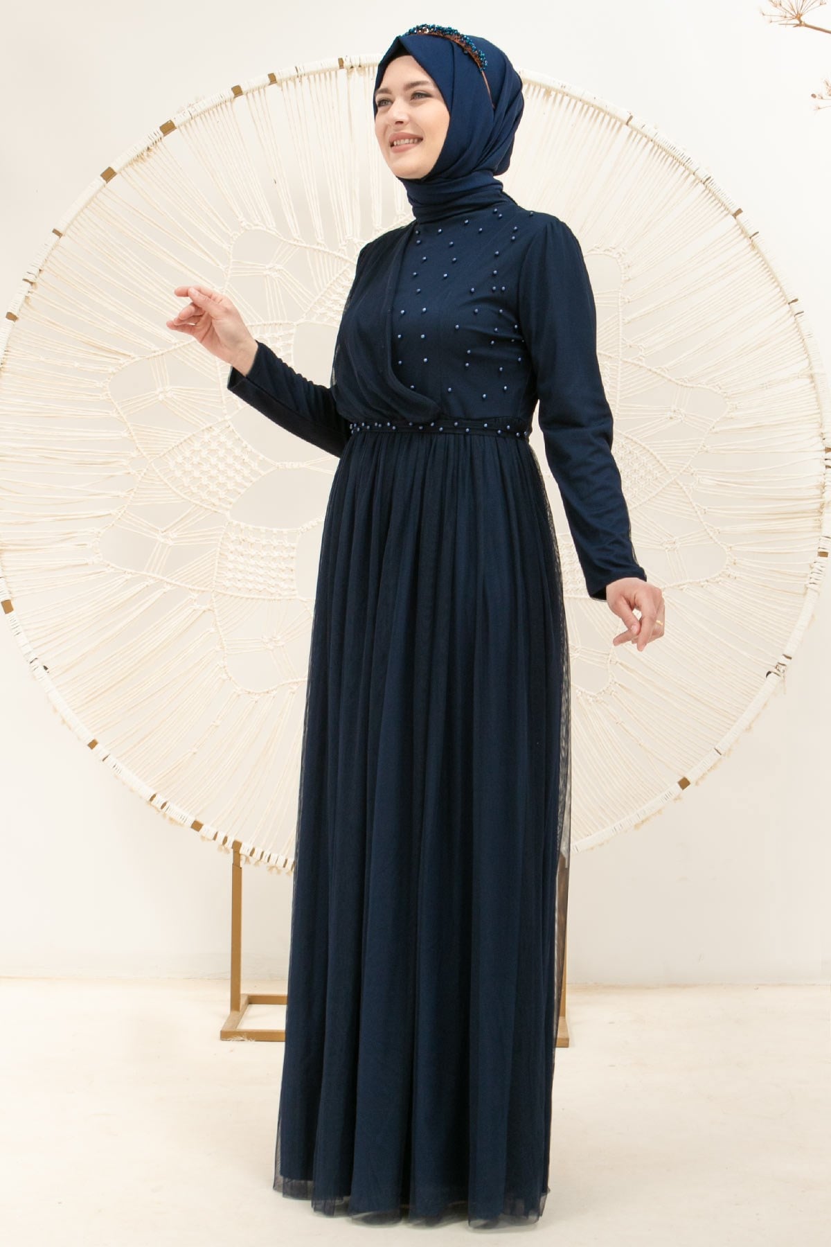 Perle Détaillée Robe De Soirée En Tulle Cintrée Robe Bleu Marin FHM831FHM831-LACİVERTFahima