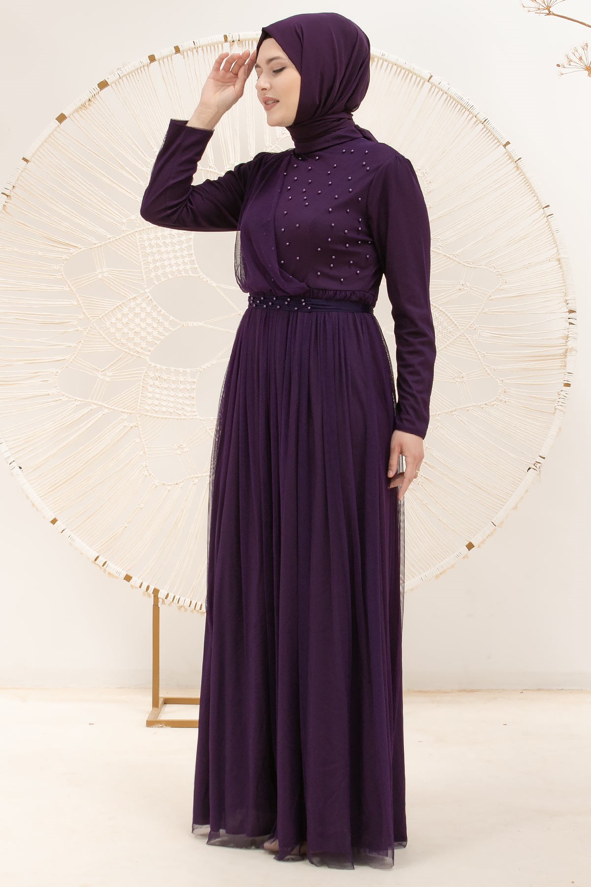 Perle Détaillée Robe De Soirée En Tulle Cintrée Robe Violet FHM831FHM831-MORFahima