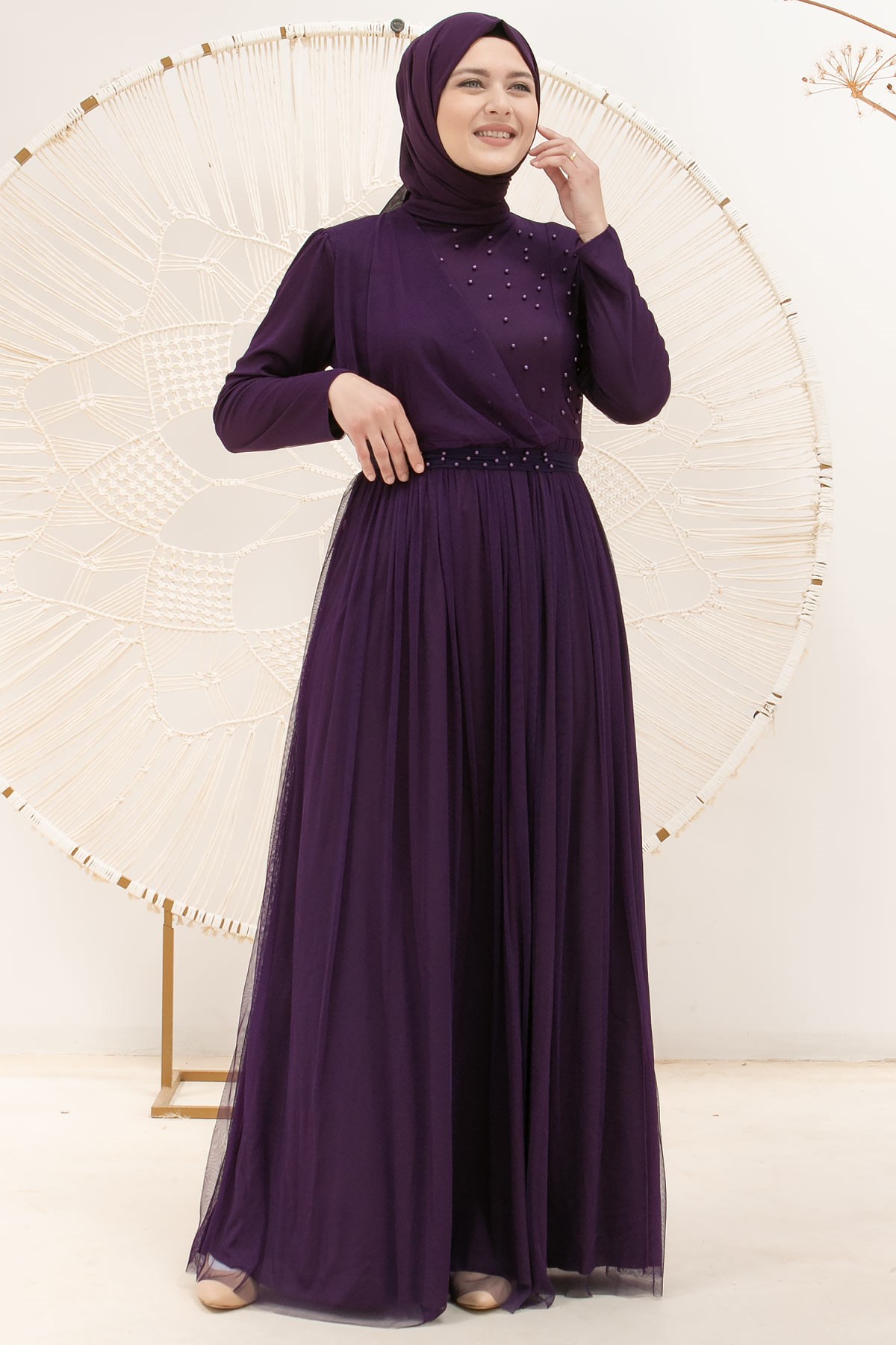 Perle Détaillée Robe De Soirée En Tulle Cintrée Robe Violet FHM831FHM831-MORFahima