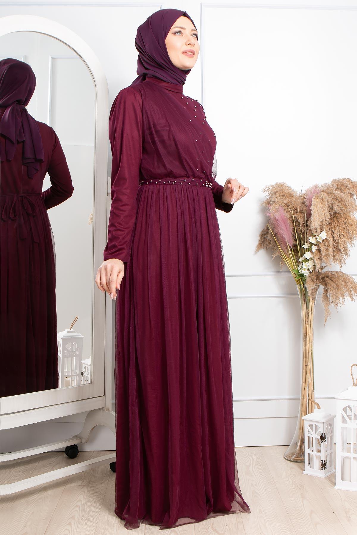 Pearl Detailed Arched Tulle Evening Dress Dress Plum FHM831FHM831-MÜRDÜMFahima